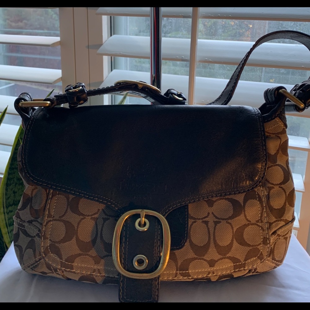 Pre loved Coach monogram fabric shoulder bag.